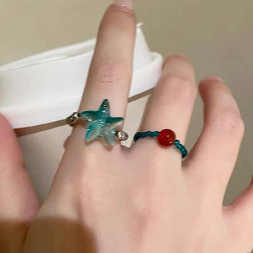 DAIIIBABYYY  -  New Sweet Blue Dream Jelly Shell Resin Star Rings Metal for Women Girls Starfish Beaded Finger Rings Ocean Jewelry Accessories